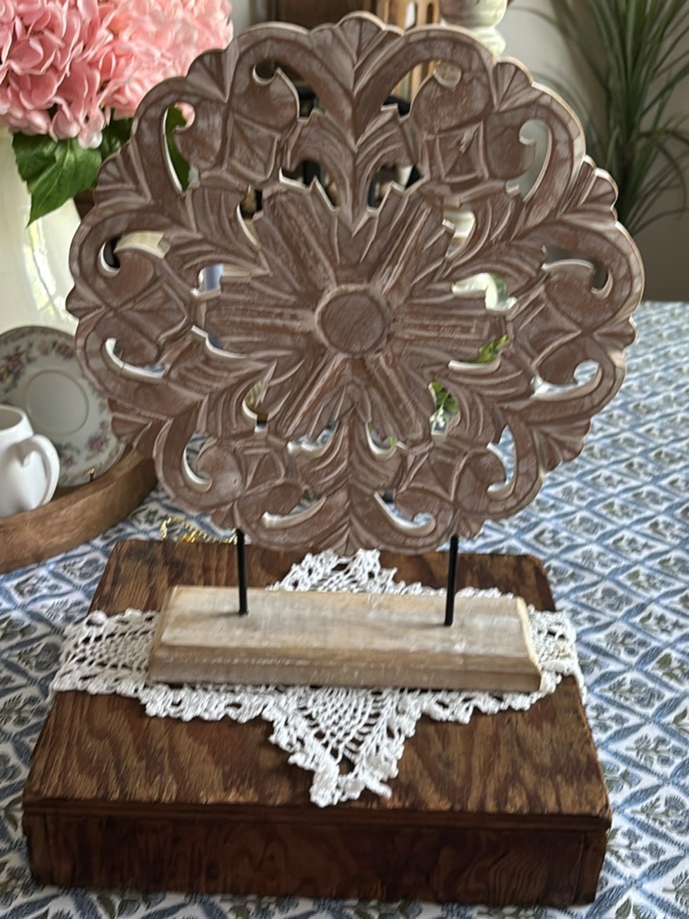 Carved Wood Floral Decorative Plaque - Beige Wood Tones